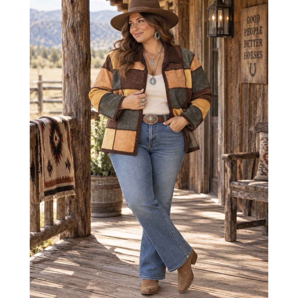 Denim & Co 3X Genuine Leather Patchwork Jacket Western Boho Suede Look Plus Size